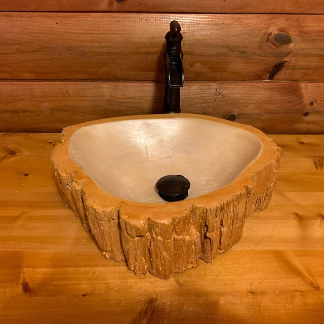 Chestnut log tree trunk bathroom vessel sink